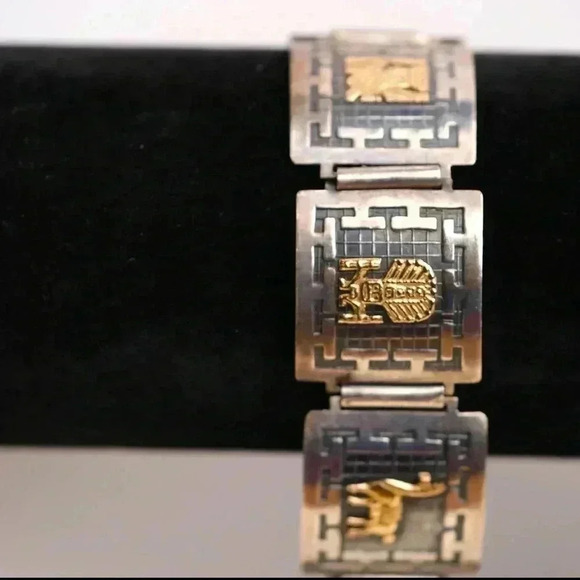 VINTAGE Peruvian 18K Gold & Sterling Silver Bangle 6.5” Inca tribal design - Picture 2 of 16